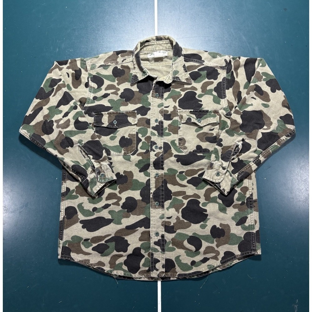 Vintage 80s Gander Mountain Duck Camo Camouflage Chamois Cloth Shirt Mens XL USA